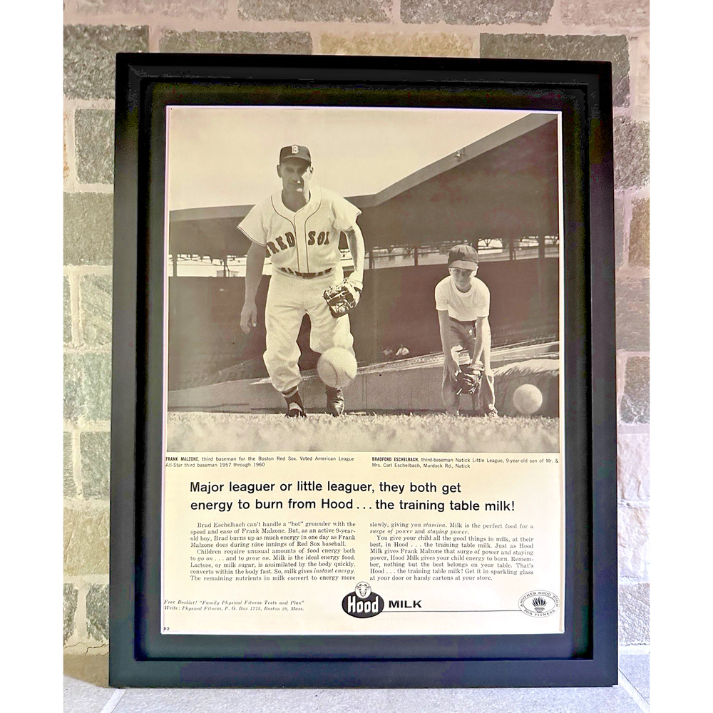 Framed 1962 Boston Red Sox Frank Malzone Little Leaguer photo Hood Milk Print Ad